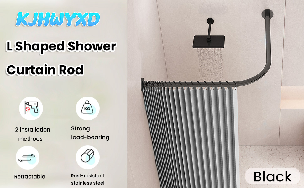 Регульована штанга для душу L-подібної форми без свердління, штанга для душу з нержавіючої сталі 304, розширювана кутова штанга для душу, без кріплення до стелі, (Розмір:Колір) (Д 70-95см x 105-165см, Чорний)