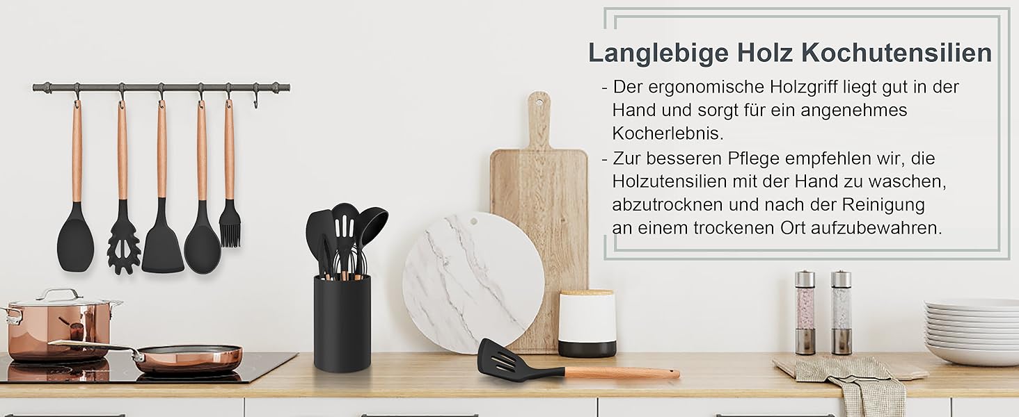 Набір кухонних аксесуарів Herogo: 12 шт. силіконове кухонне приладдя з тримачем, стійке до високих температур, з дерев'яними ручками, антипригарний лопатка (чорний)