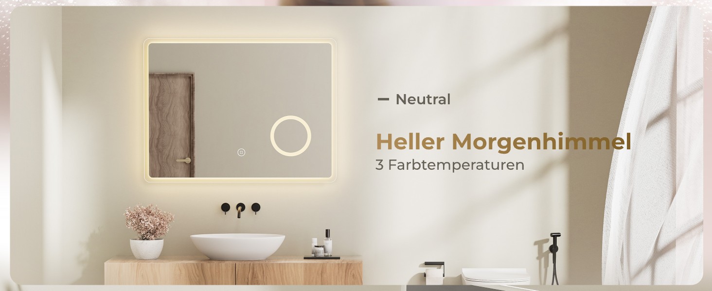 Дзеркало для ванної кімнати з підсвічуванням LED 80x60 см, регульоване, 3 кольори світла (3000K/4000K/6500K), антизапарник, вертикальна/горизонтальна установка, з 3x збільшенням