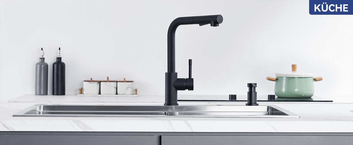 Змішувач кухонний висувний Sofetiy з душем, нержавіюча сталь, чорний, 360°