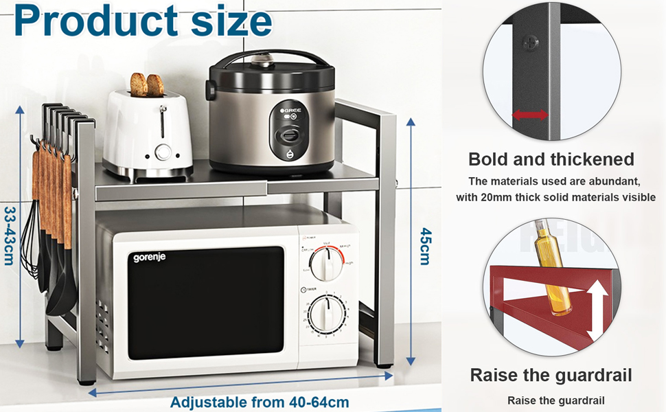 Настільний органайзер для мікрохвильової печі з 6 гачками, регульована висота та ширина, металевий, для кухні, спецій та кухонного приладдя