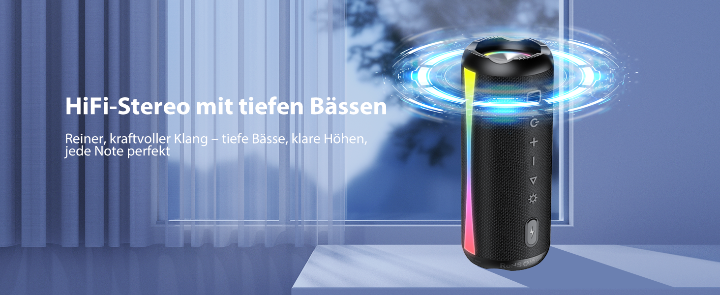 Bluetooth колонка з RGB підсвіткою, IP7 водонепроникна, 20 год автономії, потужний бас - Black