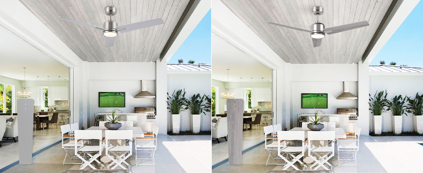 Стеляний вентилятор Newday з дерева білого кольору, 122 см з підсвіткою та пультом керування. Тихий вентилятор на стелю з лампою, регульована яскравість, DC мотор, реверсивний режим для спальні та вітальні (122-silber-holz)