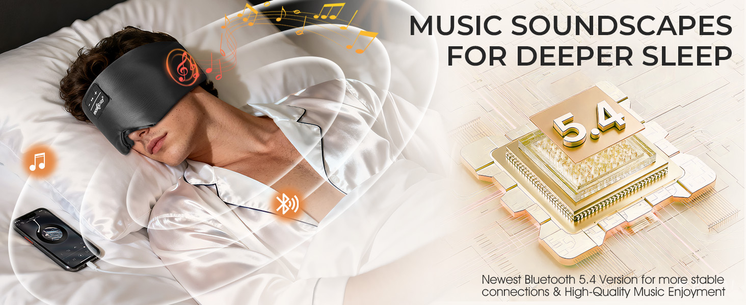Маска для сну з Bluetooth навушниками Musicozy з 100% шовку Мульбері, 3D маска для сну для тих, хто спить на боці, повна затемненість, без тиску на очі та вуха, м'яка, дихаюча, 14 годин автономної роботи, чорна