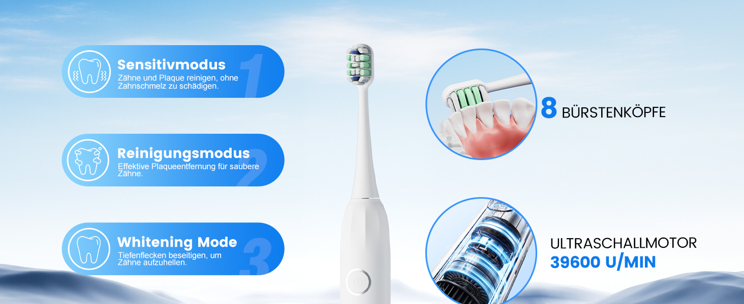 Електрична зубна щітка зі звуковими вібраціями, 5 режимів, таймер 30с, для відбілювання зубів за 2 тижні, 8 змінних насадок з м'якою 3D-щіткою, IPX7, 8 насадок