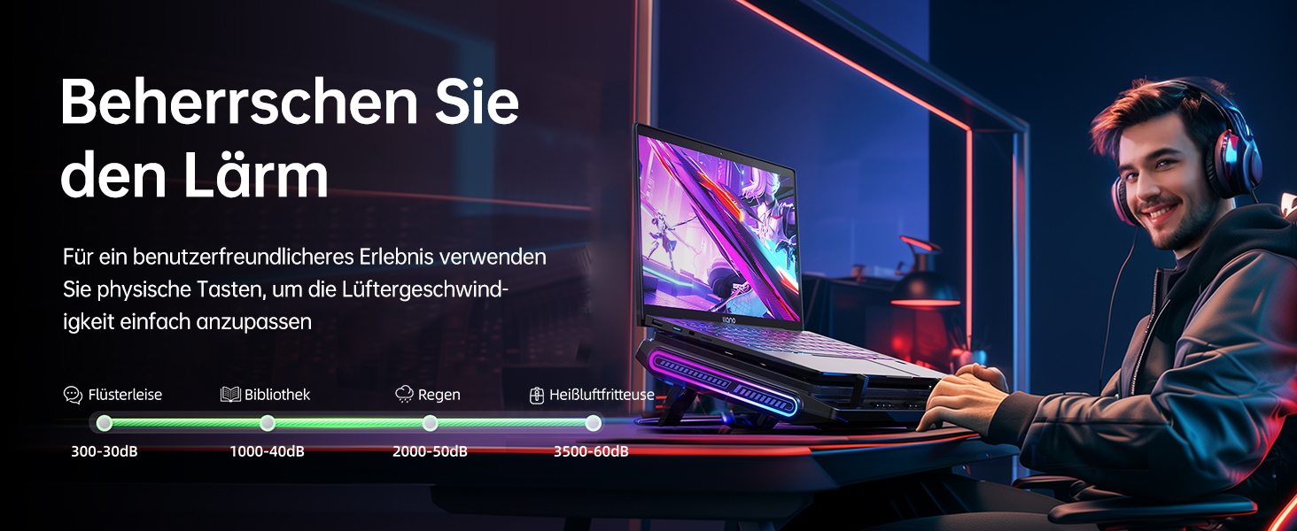 Підставка охолодження для ноутбука RGB з потужним вентилятором 4.72'', швидке охолодження для комп'ютерів 13-17,3'', керування клавішами, 3 регульовані підставки, 4-портовий USB C&A, чорний