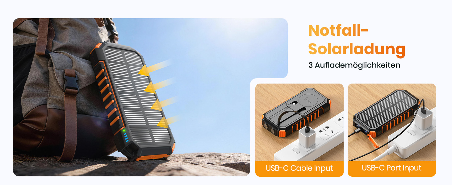 Power Bank Fandealo 27000mAh з сонячною панеллю – 22,5W, PD, QC 3.0, USB-C, 2 кабелі, 2 ліхтарики, для смартфонів, планшетів, кемпінгу