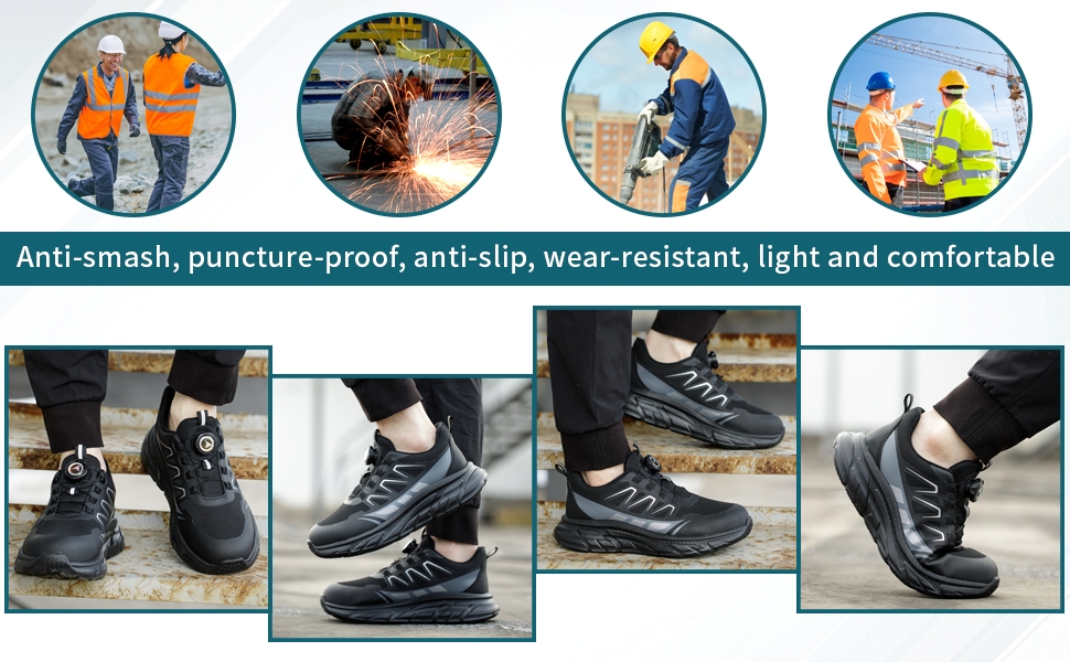 Черевики безпеки для роботи: чоловічі та жіночі, зручні, з металевим носком, легкі, дихаючі, для промисловості, з поворотними пряжками та шнурівками, 42 EU, чорні
