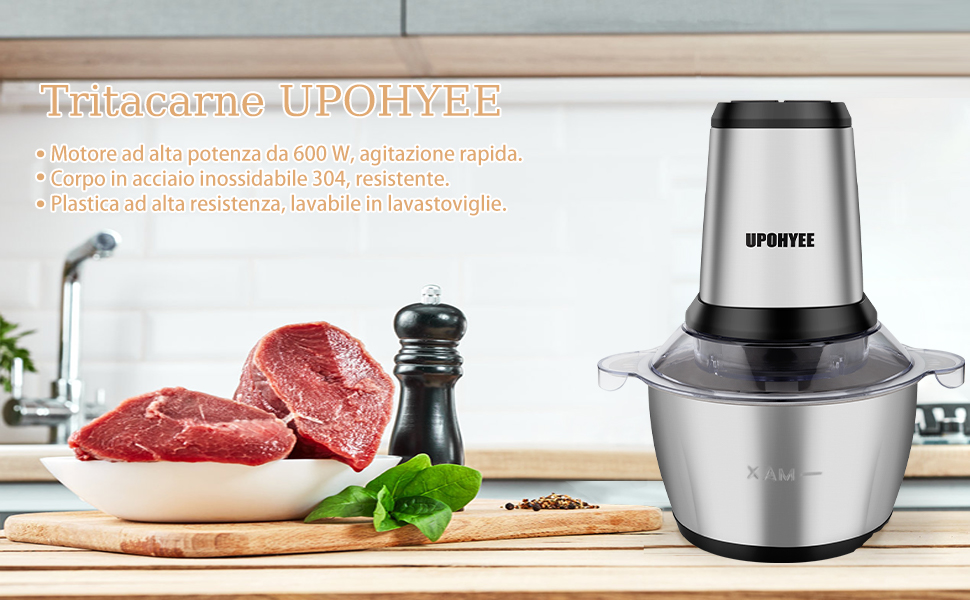 Електричний подрібнювач 600W з чашею з нержавіючої сталі 2L, 2 швидкості, 4 леза для овочів та часнику