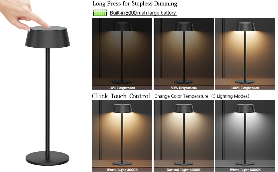 Світлодіодний акумуляторний настільний світильник Klighten з димером, сенсорний, металевий, алюмінієвий, IP54, перезаряджуваний, тепле біле світло 3000K/4000K/6000K, антрацит