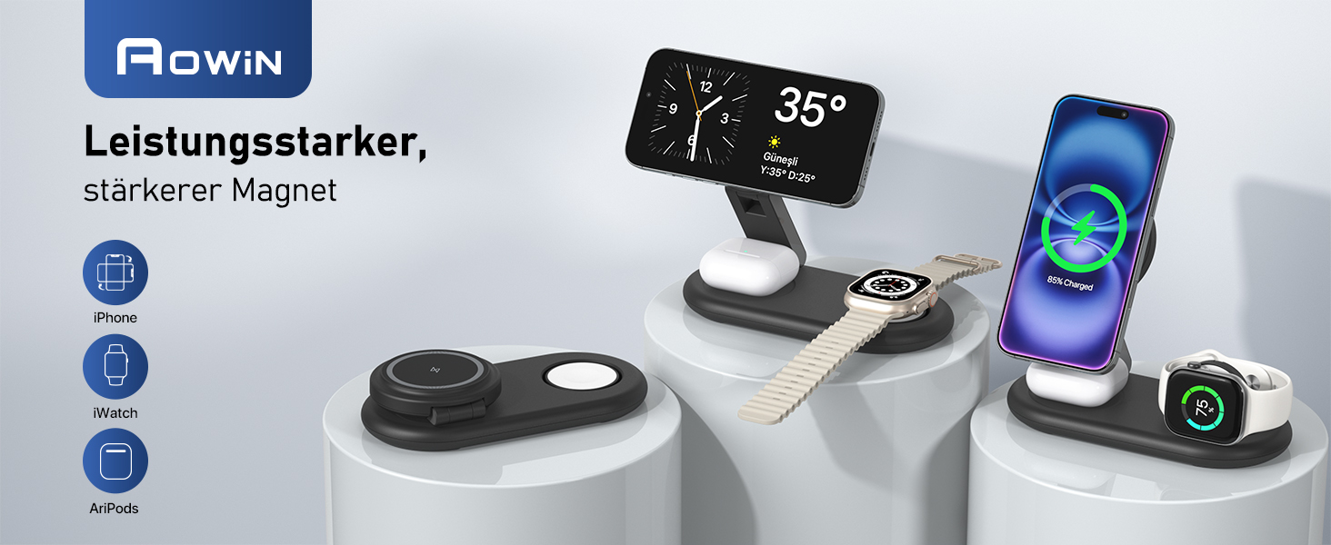 Портативна зарядная станція 3-в-1 для Apple Watch та iPhone з MagSafe, сумісна з iPhone 17, 16, 15, 14, 13, 12, AirPods Pro (біла)