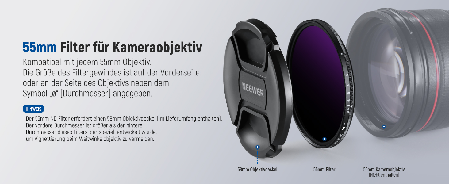 NEEWER Змінний ND-фільтр 55mm ND2-400 (1-9 Stop) для об'єктивів - Градуйований нейтральний фільтр з багатошарового оптичного скла
