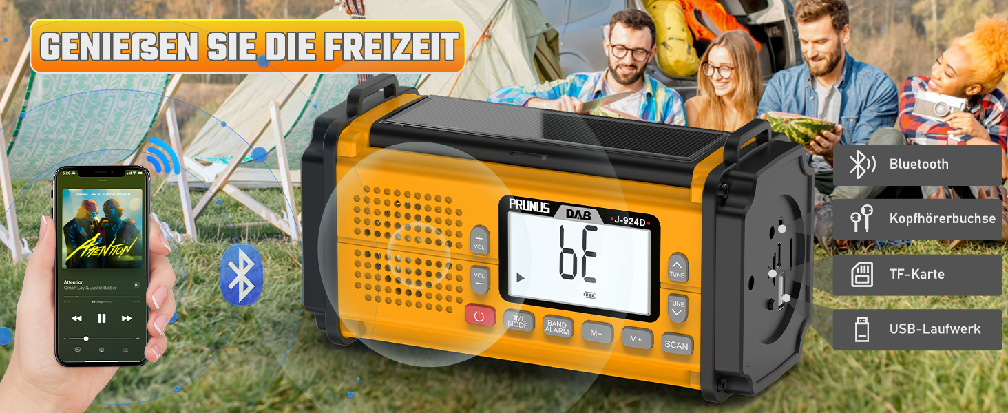 Радіоприймач PRUNUS J-924D: DAB+/UKW, радіо з ручкою, акумулятор 10000mAh, Bluetooth, ліхтарик, SOS, зарядка для телефону (зелений/жовтий)