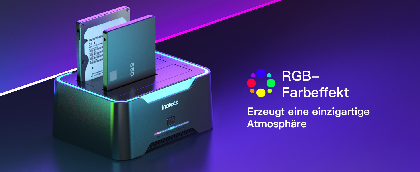 Док-станція Inateck USB 3.0 для HDD/SSD 2.5/3.5 дюймів, Dual-Dock, підтримка Offline-клонування, RGB, SA02002