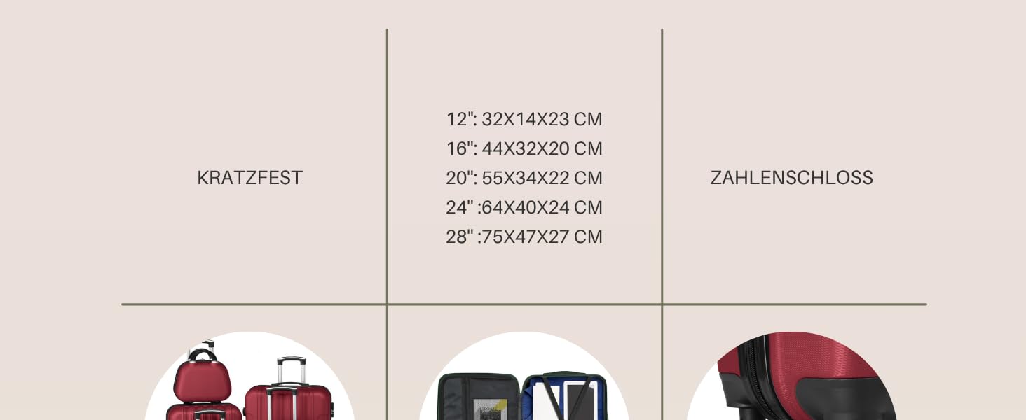 Набір валіз LALAHO 5 шт. з косметичкою, з ABS-пластику, для подорожей, ручна поклажа, багажний набір, бордовий колір