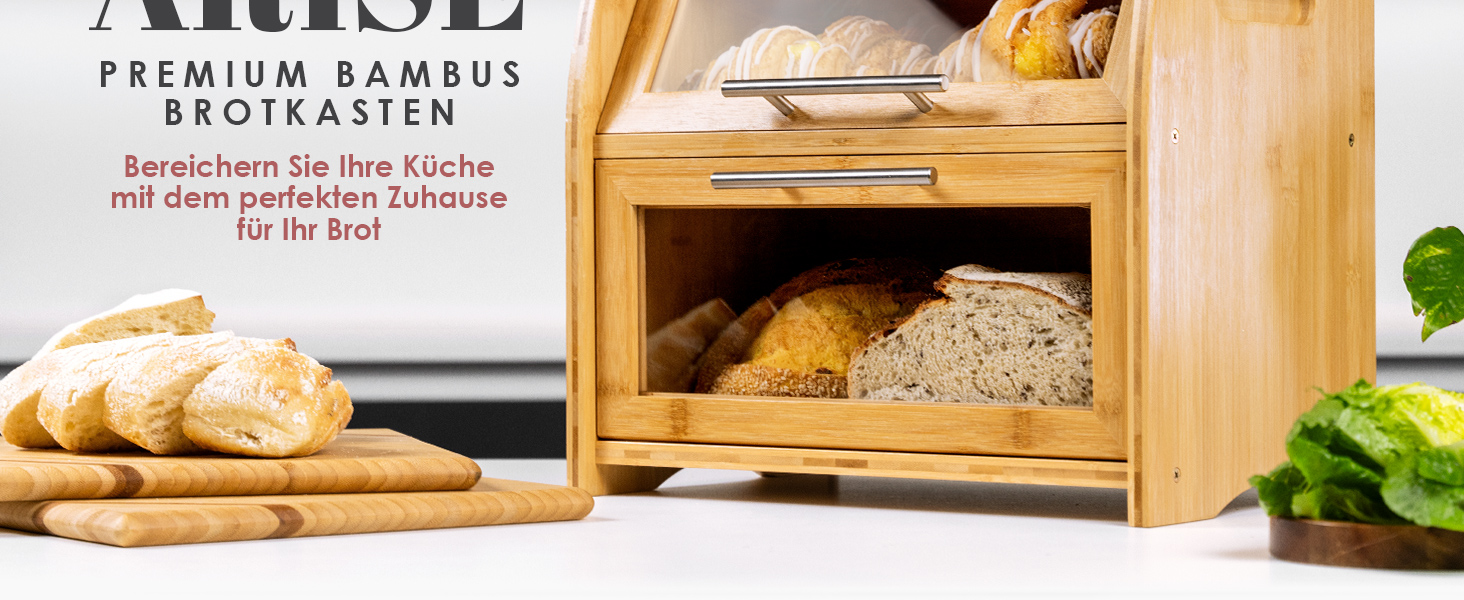 Бамбуковий хлібний ящик Arise з вентиляцією, 2 полиці та вікно, для хліба, бургерів, сендвічів. 40 x 26 x 37 см