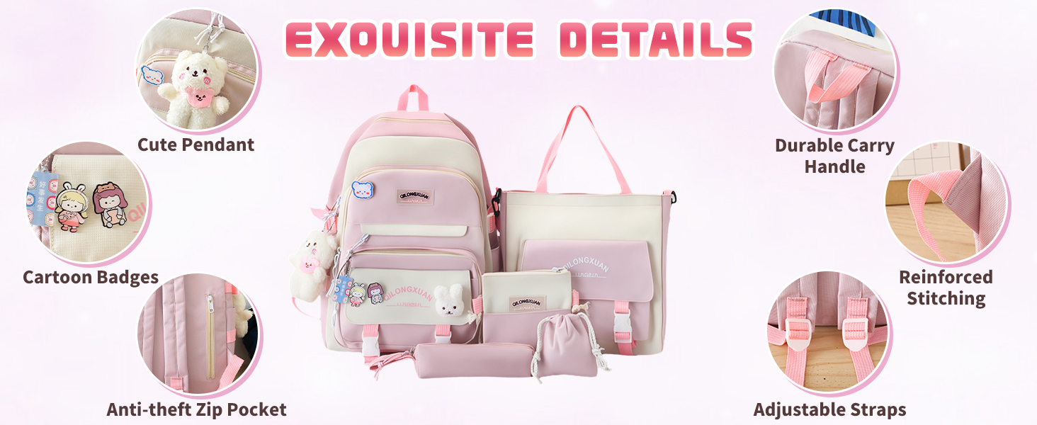 Набір шкільних рюкзаків IvyH 5-ти частинний: рюкзак для дівчинки, сумка для школи, підліткові рюкзаки, рюкзак для дівчаток 3-7 класів, набір шкільних сумок з пеналом та нагрудником, 45 см, рожевий 8583#