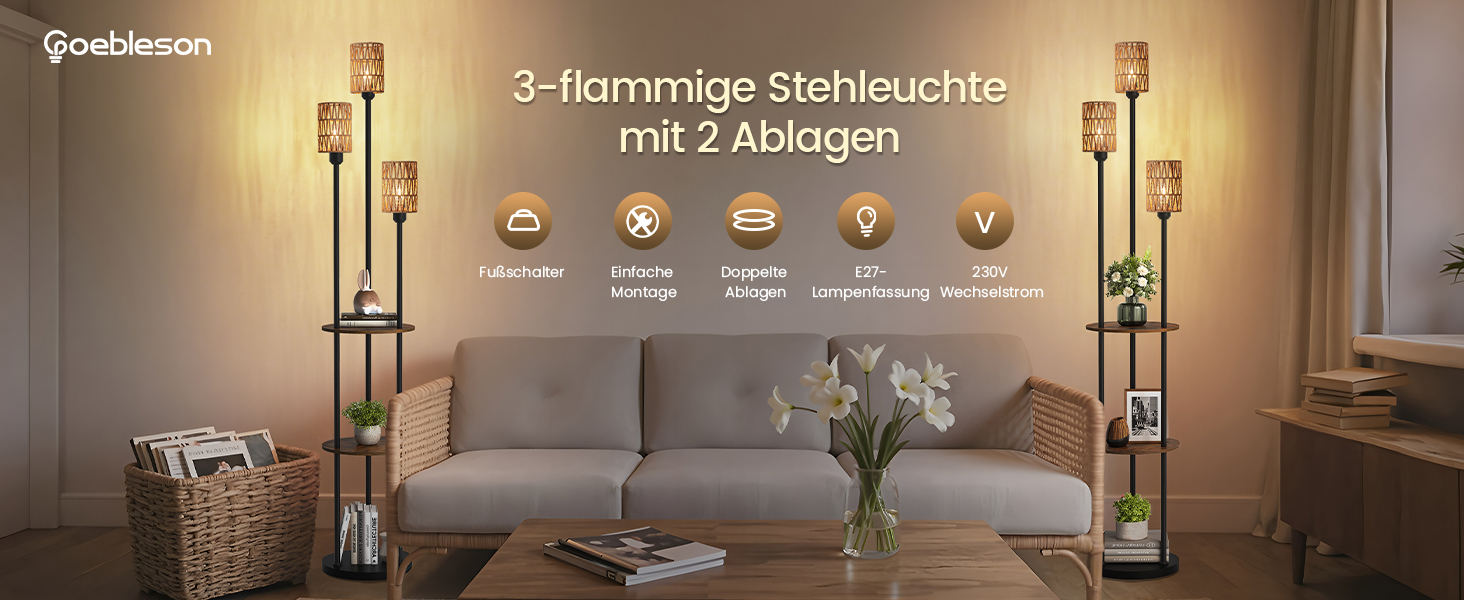 Стельова лампа для вітальні з полицею, 3-лампова торшер з етажеркою у стилі вінтаж, бохо торшер з дерева з вимикачем на ніжці, патрон E27, ретро-дизайн у кольорах коричневого та бежевого, ZEF53LDD05 (Ротанг, Чорний)