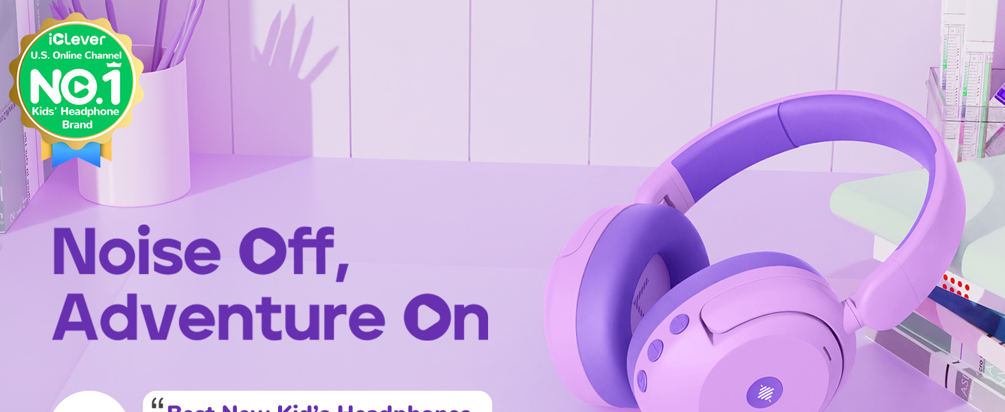 iClever Бездротові навушники з шумозаглушенням для дітей Bluetooth, 60 годин роботи, 80 дБ безпечний рівень гучності, зручна посадка, Bluetooth 5.4, AUX кабель для подорожей (білий, зелений, фіолетовий)