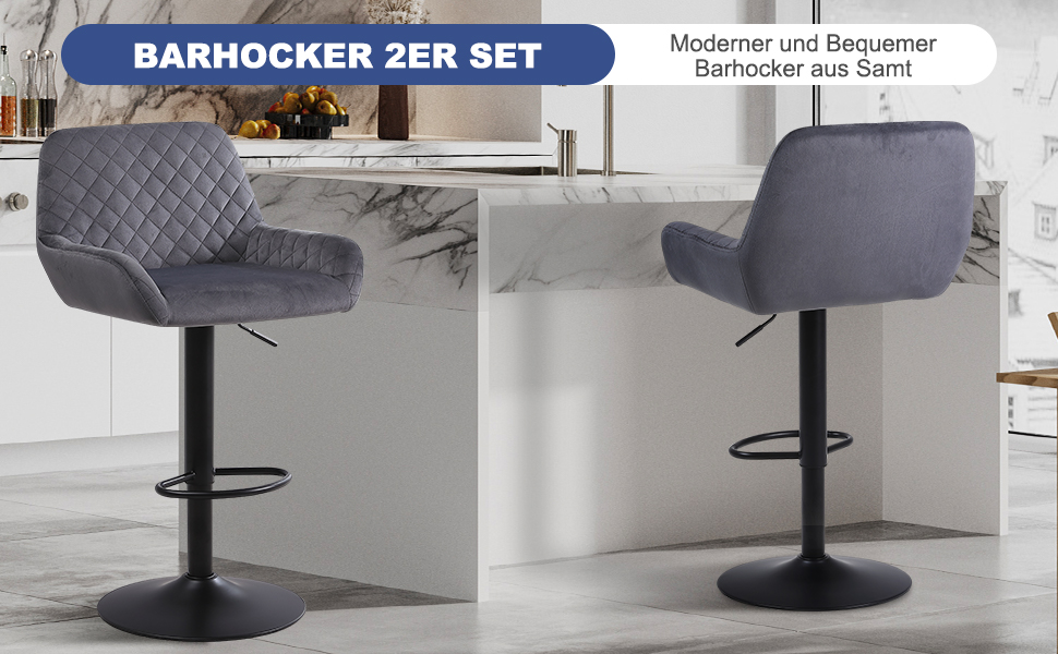 Ralex Velvet Bar Stools 2-Pack - Adjustable Swivel Bar Chairs with Backrest & Armrests for Kitchen, Bar & Counter (Gray)