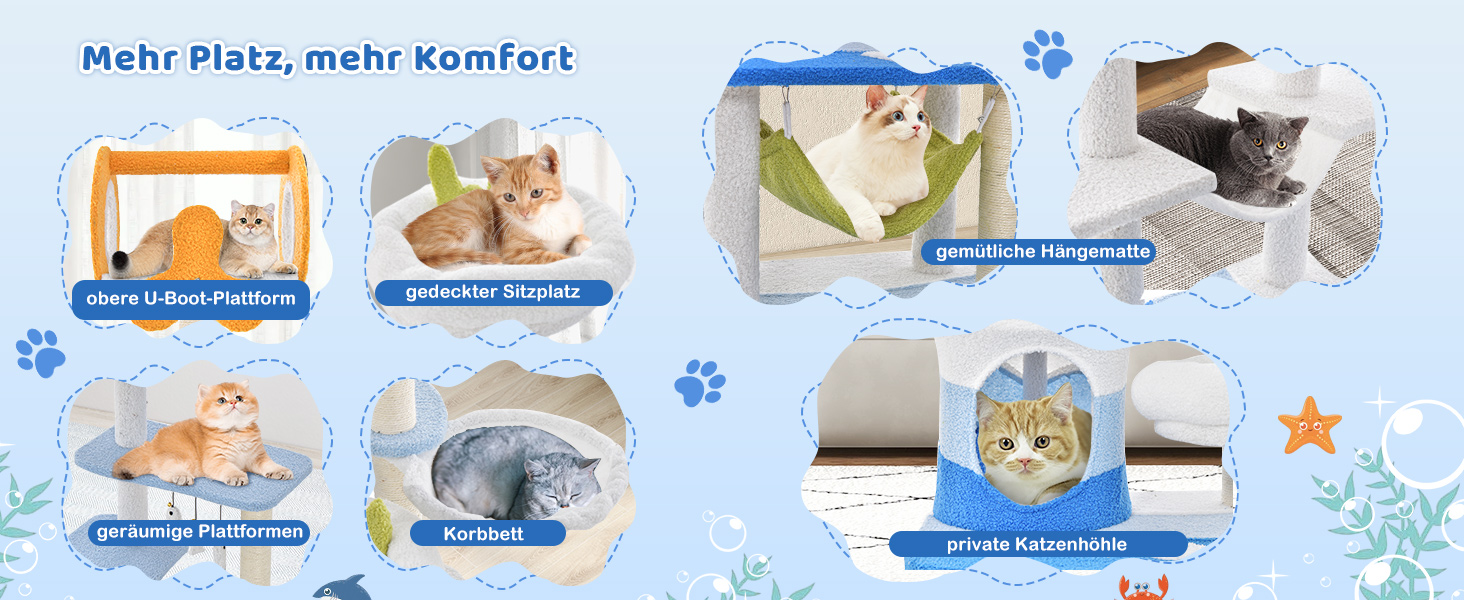 Кігтеточка для котів COSTWAY Ocean-серія з будиночком, гамаком та іграшками, блакитна (59x49x165 см)