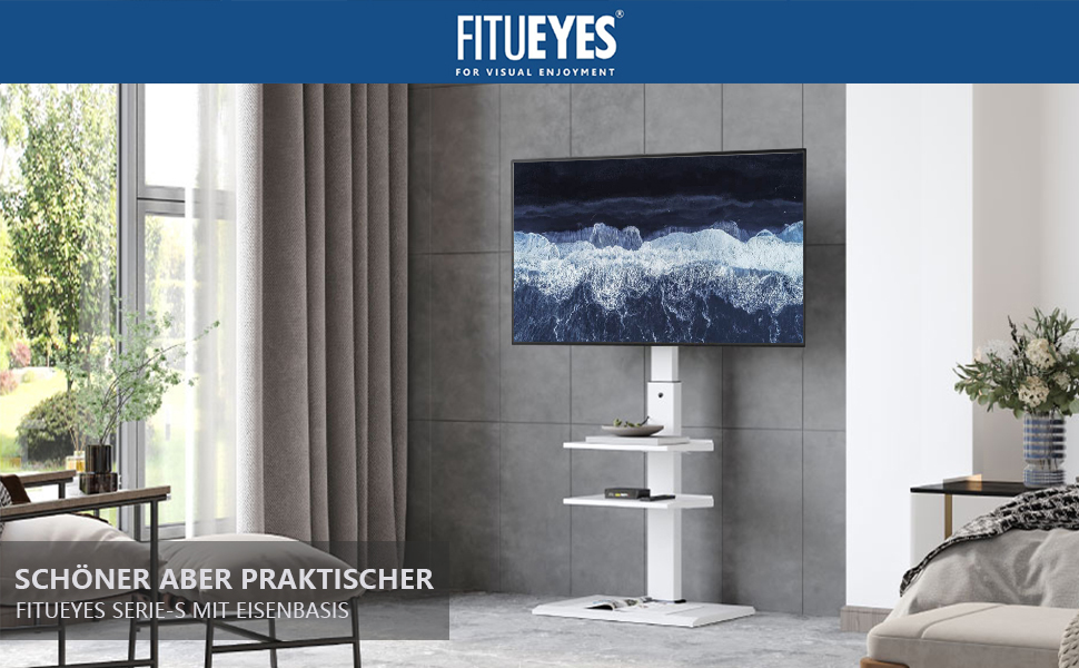 Стійка для телевізора FITUEYES Serie-S, білий колір, 32-65 дюймів, до 40 кг, з 3 полицями, регульована висота, поворотна, нахилена, VESA 400x600