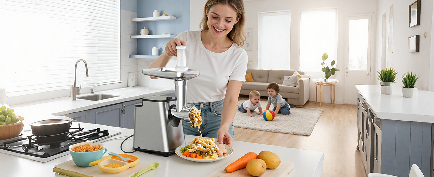 М'ясорубка електрична FIMEI 4-в-1 з насадками для ковбас та печива, нержавіюча сталь