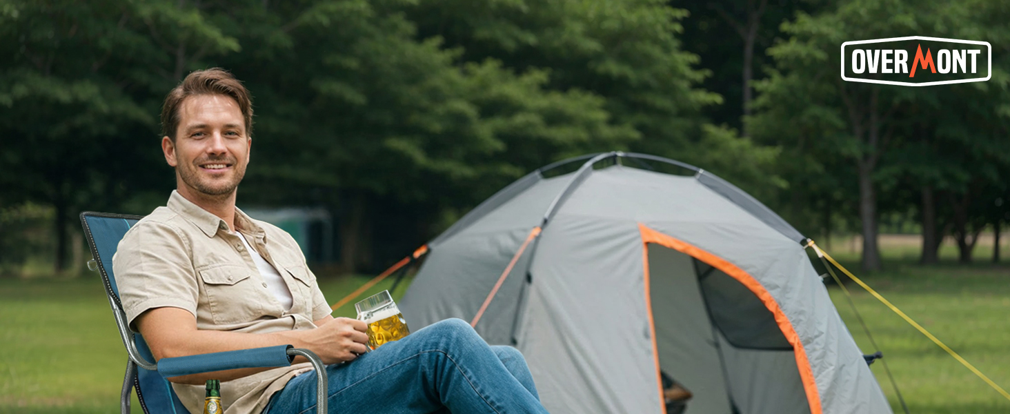 Кемпінговий стілець OVERMONT складний з бічним столиком та охолоджувальною сумкою, до 180 кг - блакитно-сірий