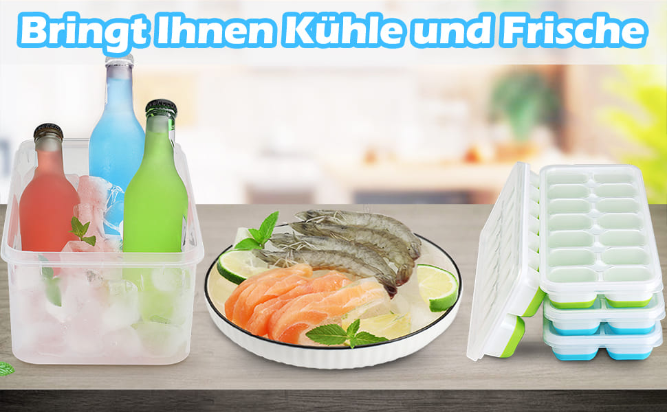 Силіконові форми для льоду з кришкою, BPA-free, набір 8 шт. (стакабельні), для коктейлів, віскі та кави, сертифікація LFGB, синій та зелений кольори