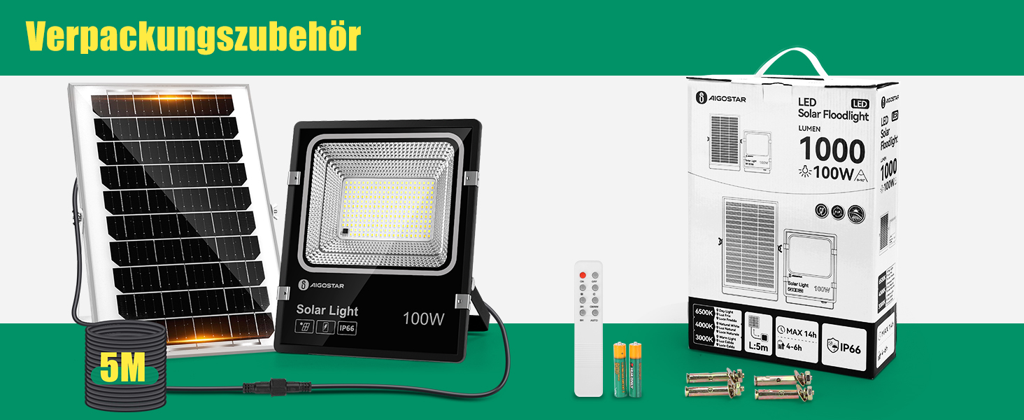 Сонячний LED прожектор Aigostar для вулиці з великим сонячним панелем, 5 м кабелем, регульованою яскравістю (3000K/4500K/6500K), акумулятором 8000mAh, IP66, для саду, з пультом керування
