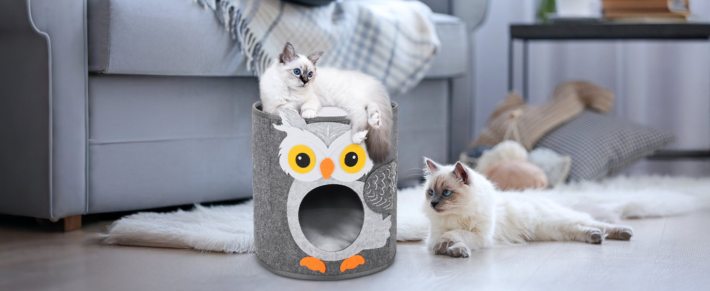 Кігтеточка-будиночок для котів Dripex з 2 поверхів, з фетру, з подушкою, 30x35x35 см (Сова)