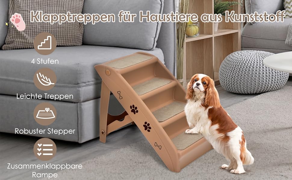 COSTWAY 4-Step Pet Stairs with Carpet, Dog Stairs Plastic Cat Stairs Foldable, Portable Dog Ramp Pet Stairs for Dogs and Cats, Pet Ramp for Climbing and Scratching (Beige)