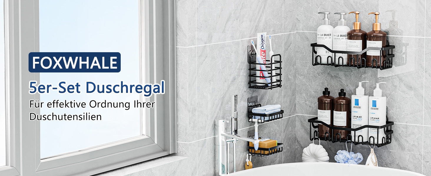 Набір з 5 полиць для душу без свердління, чорний колір. Органайзер для душу з 28 гачками, тримачем для пасти та 2 мильницею. Підходить для шампуню та інших аксесуарів для ванної кімнати.