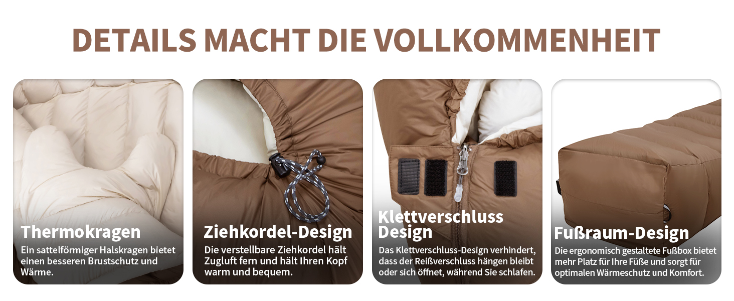 Пуховий спальний мішок для дорослих та дітей, легкий зимовий спальник Outdoor 8°C ~ -30°C для кемпінгу та альпінізму з 650 FP гусячим пухом (кава, 1500г пуху)