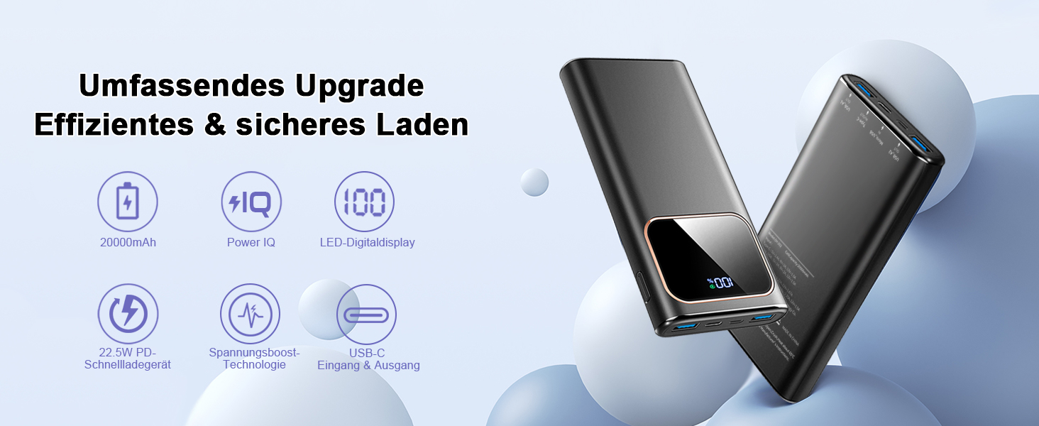 Power Bank 20000mAh з USB-C, PD 3.0, QC 4.0, 22.5W, чорний - для iPhone, Samsung та інших