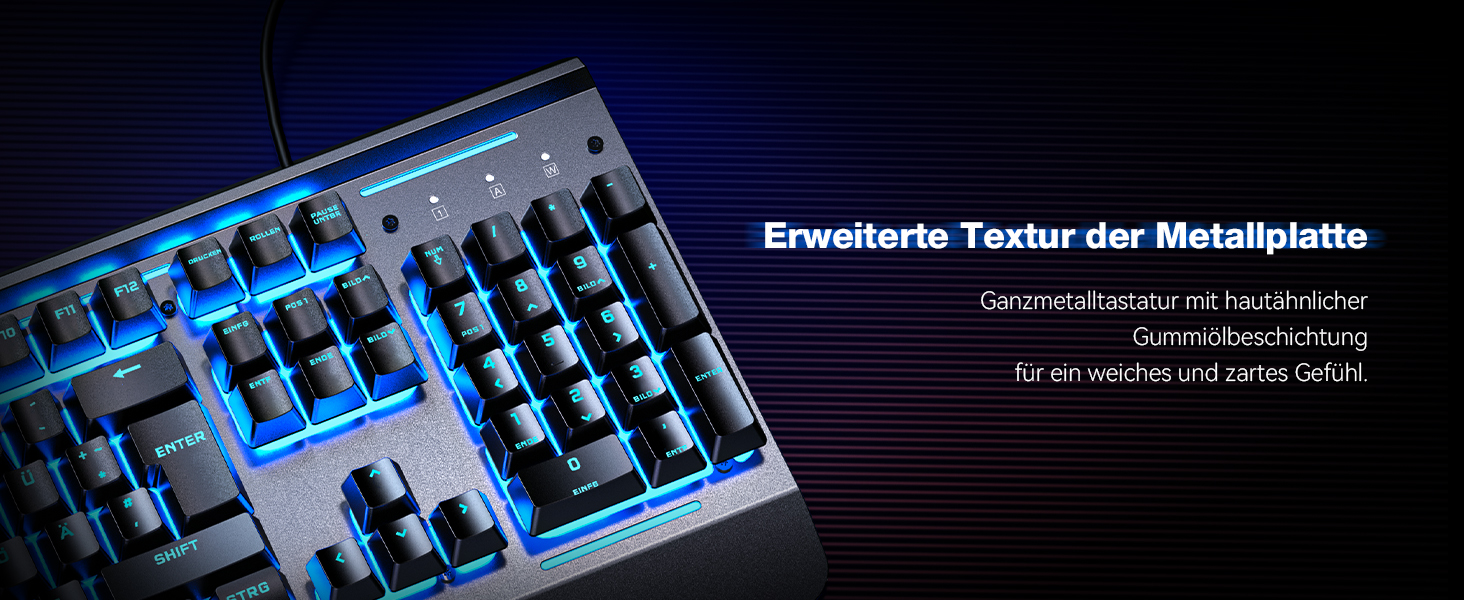 TECKNET RGB ігрова клавіатура для ПК, мембранна, 105 клавіш, повний металевий корпус, підставка для зап'ястя, 15 зон RGB підсвічування, 25 антиблінд, клавіатура для комп'ютера, німецька розкладка (QWERTZ)