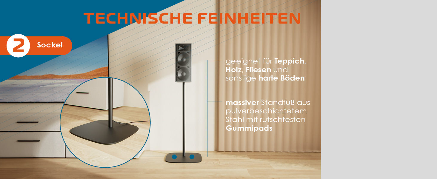 Підставка для колонок Xantron® 2X, регульована висота до 103 см, з антиковзким покриттям та прихованою прокладкою кабелю, з кріпленням, PREMIUM-USF-2