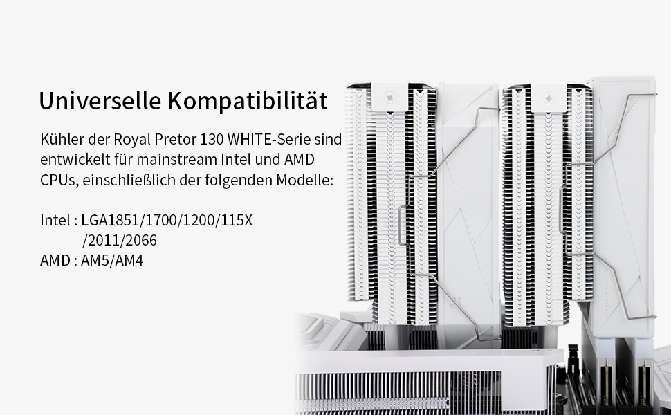 Thermalright Royal Pretor 130: Кулер для CPU з 6 тепловими трубами, підтримка Intel LGA115X/1200/2011/1700/1851; AM4/AM5, Tower-type, білий