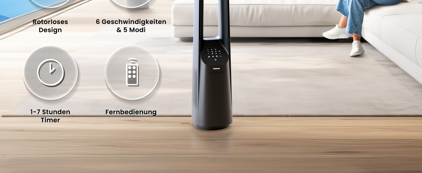 Вентилятор Pro Breeze 101 см з ротором, осцилюючий, з пультом, LED-дисплеєм, 6 швидкостей, тихий, 5 режимів, авто-обертання 60°, таймер 7 год, чорний