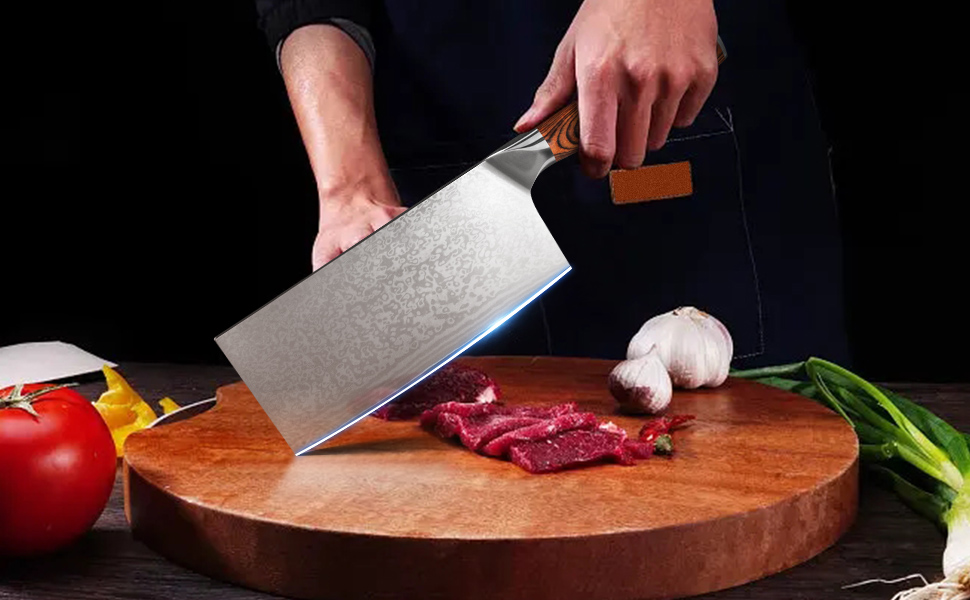 Ніж кухарський Дамаск Шарф: професійний ніж для м'яса з дамаської сталі, ручна робота, з антиковзним дерев'яним руків'ям, у подарунковій коробці