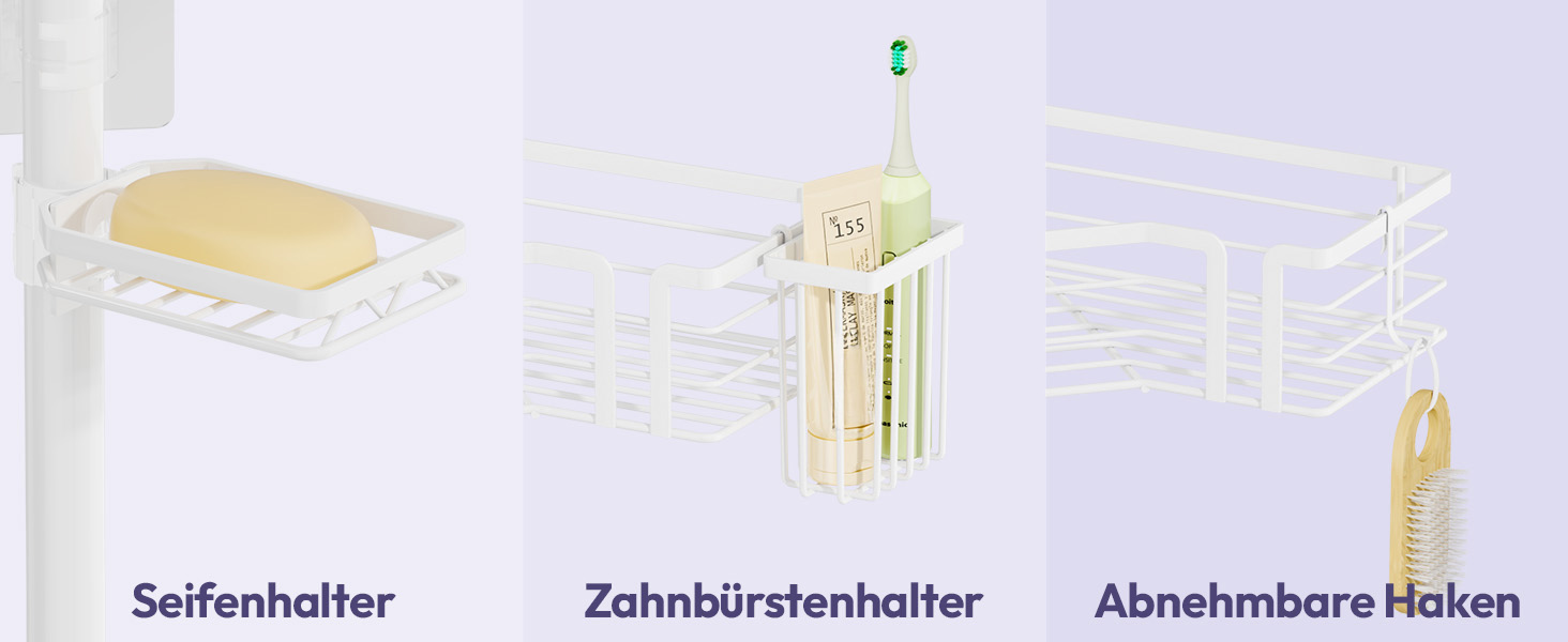 Поличка для душу SWTYMIKI телескопічна, кутова, з мильничкою та тримачем для зубних щіток, 4 гачки, регульована, не потребує свердління, нержавіюча сталь, 70-275 см, білий