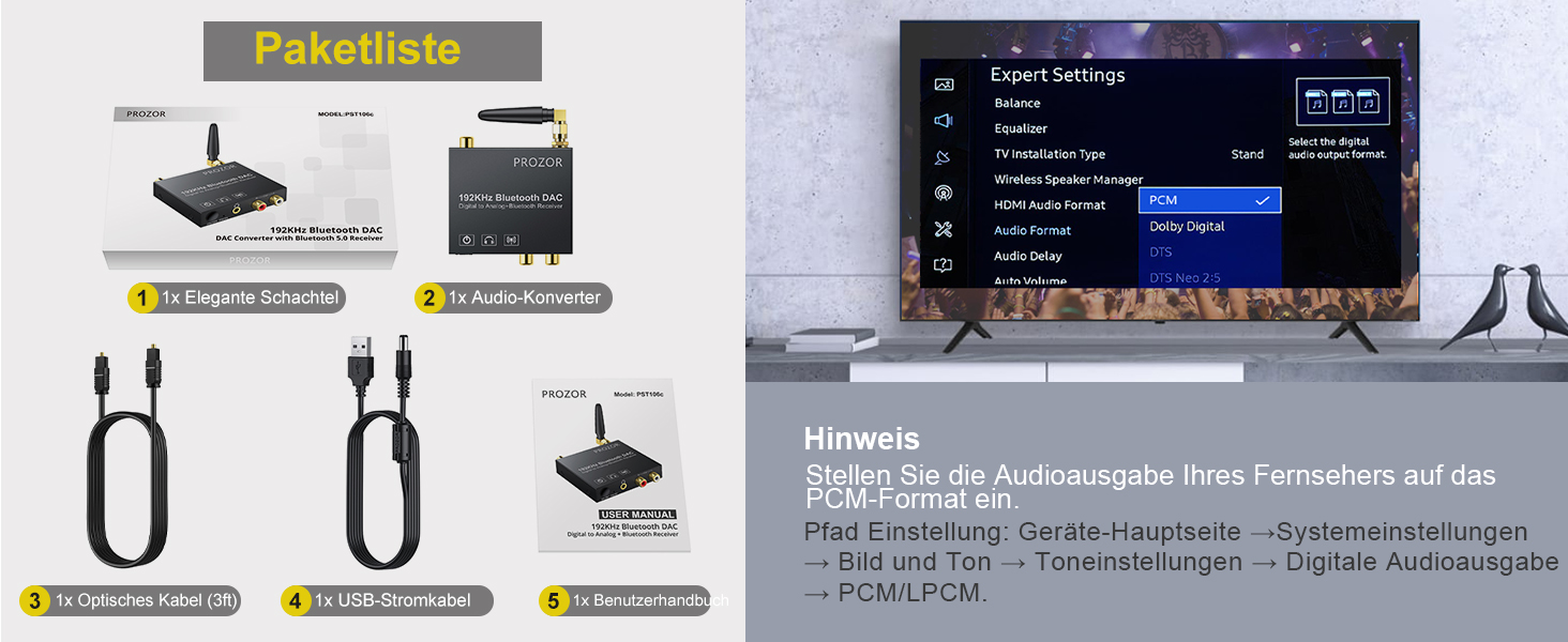 Bluetooth аудіоадаптер PROZOR DAC: Bluetooth приймач з оптичним виходом, Aux/RCA, регулюванням гучності