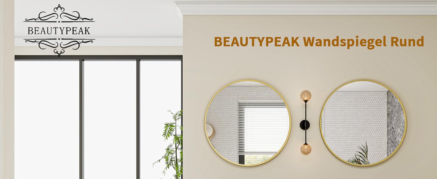 BEAUTYPEAK Дзеркало кругле 60 см з декоративним алюмінієвим каркасом, безпечне для ванної кімнати, для спальні, вітальні (106x106 см, золото)