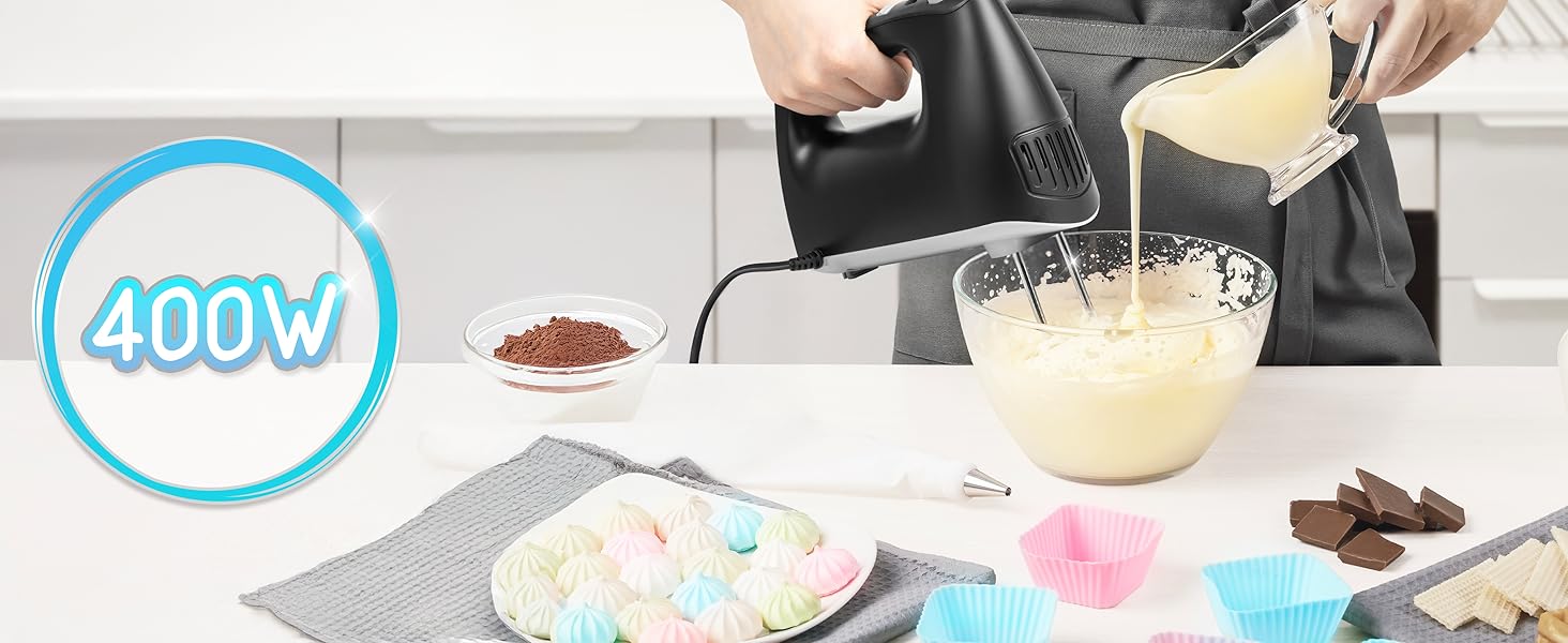 Ручний міксер Duronic HM4 BK 400W з набором насадок: вінчики, гаки для тіста, для випічки, тіста та збивання яєць