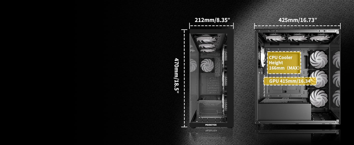 Корпус ПК MUSETEX K2: Mid Tower ATX з 7 PWM ARGB вентиляторами, подвійне панорамне скло, Type-C, чорний (42,5 x 21,2 x 47 см)