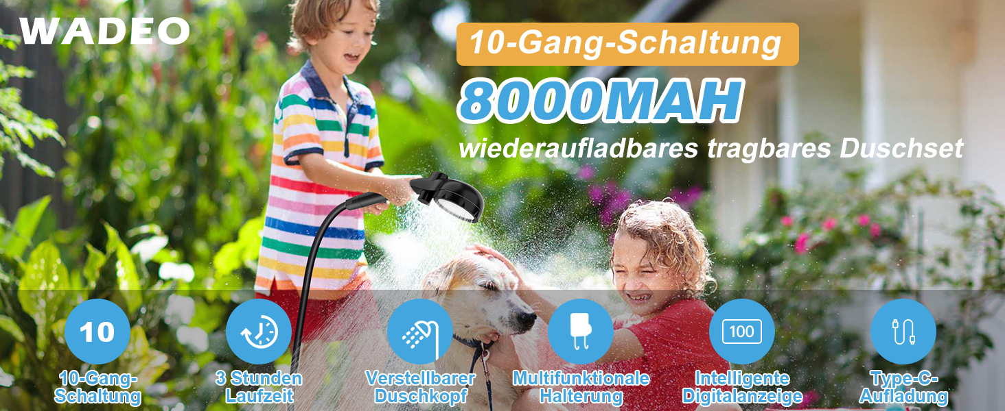 Портативна душова кабіна WADEO для кемпінгу з акумулятором, 6000 mAh, з насосом та індикатором температури, 10 режимів, для відпочинку на природі, у саду та подорожах