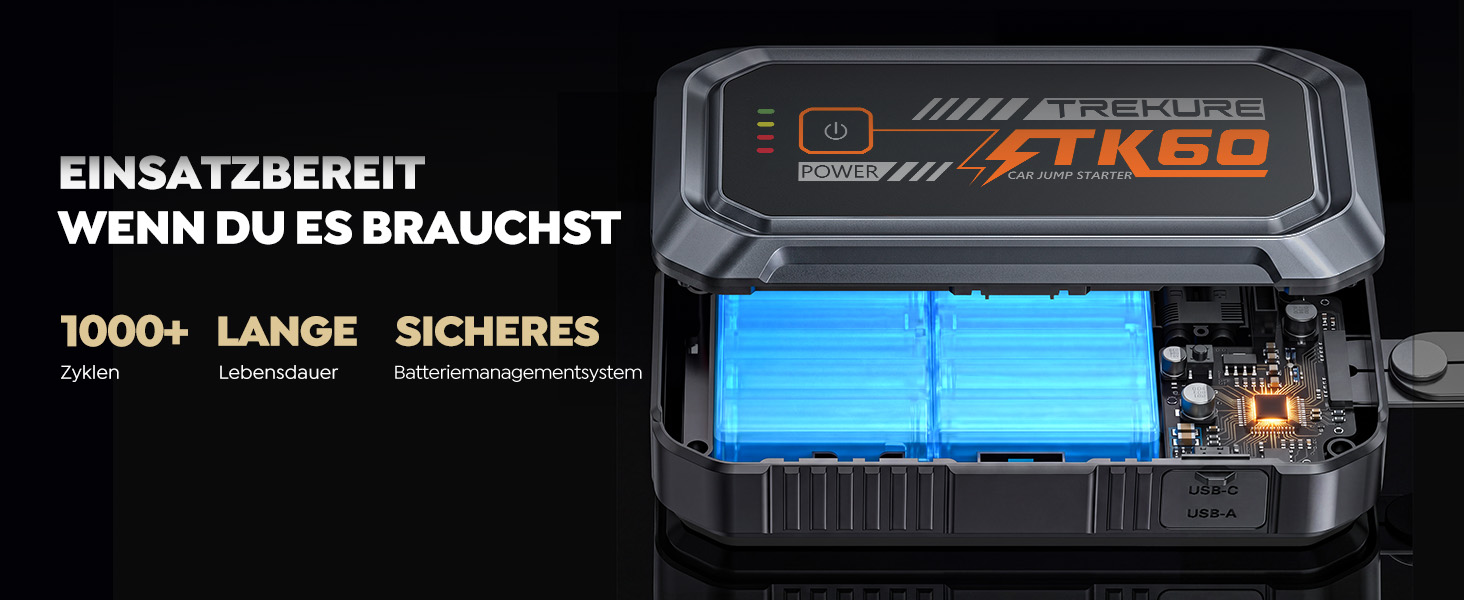 Бустер для автомобіля TREKURE 7000A — Пусковий пристрій (Powerbank) для авто до 9л бензин та 6.5л дизель, з функцією примусового запуску, магнітним кріпленням та 4-в-1 LED робочим світлом