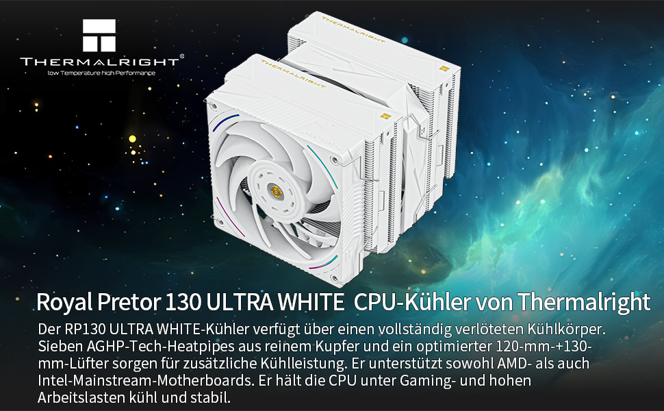 Кулер для процесора Thermalright Royal Pretor 130 Ultra White, двовежевий повітряний охолоджувач, 7 теплових трубок, білий, для AM4/AM5, Intel LGA1851/1700/115x/2011