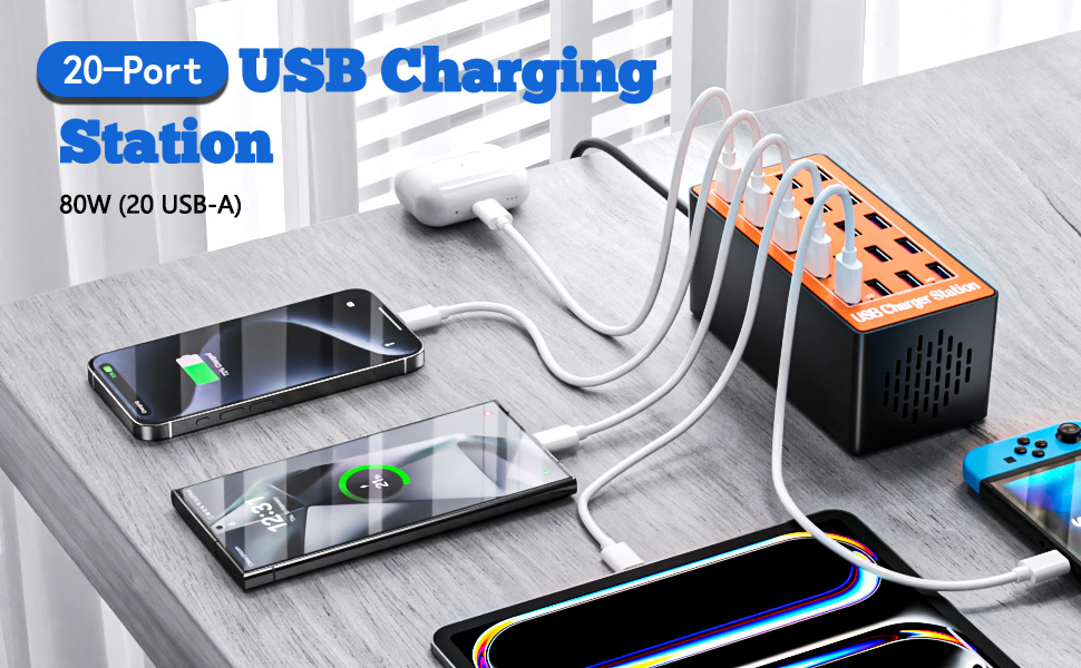 USB зарядний пристрій на 20 портів: Інтелектуальна станція для зарядки iPhone, Samsung, Google та інших пристроїв. Мережевий адаптер USB-хаб для десктопу