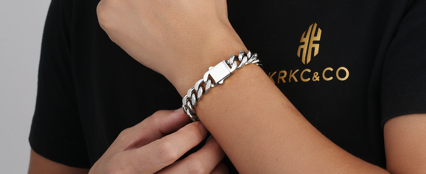 Чоловічий браслет KRKC&CO з кубинськими ланцюжками, 18 мм, Miami Iced Out, срібний, 20.3 см